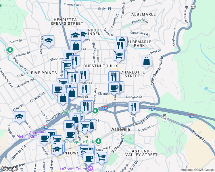 map of restaurants, bars, coffee shops, grocery stores, and more near 223 East Chestnut Street in Asheville