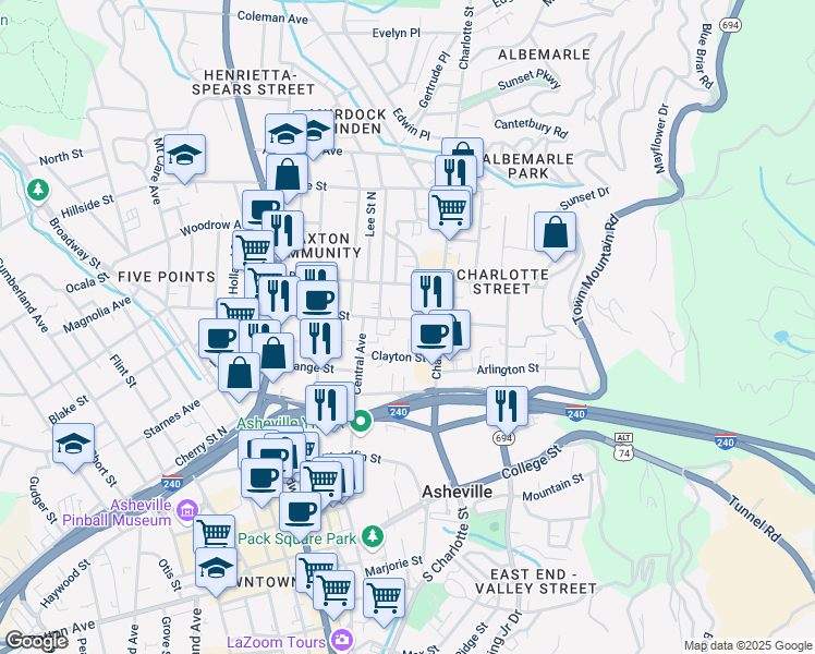 map of restaurants, bars, coffee shops, grocery stores, and more near 223 East Chestnut Street in Asheville