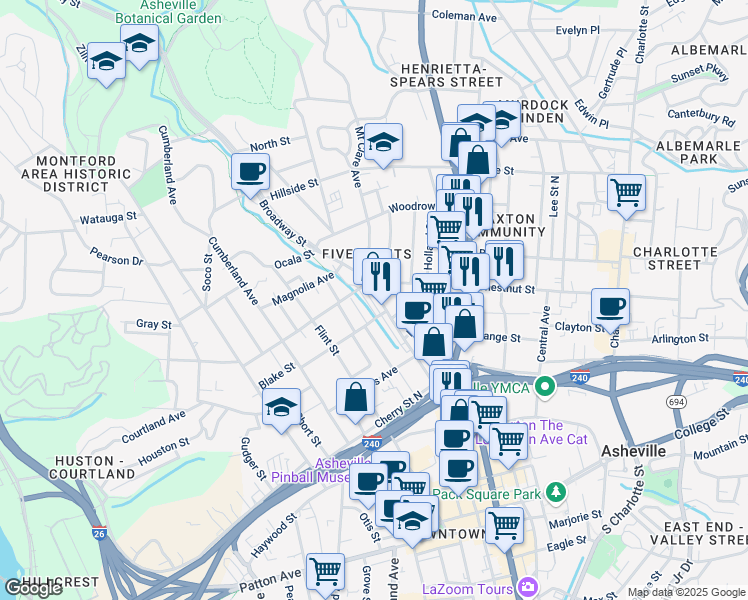 map of restaurants, bars, coffee shops, grocery stores, and more near 257 Broadway Street in Asheville