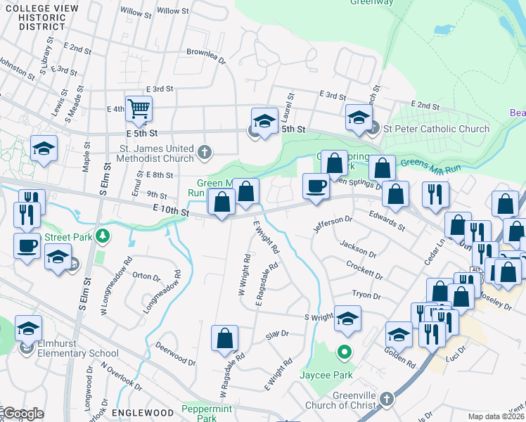 map of restaurants, bars, coffee shops, grocery stores, and more near 1003 East Wright Road in Greenville