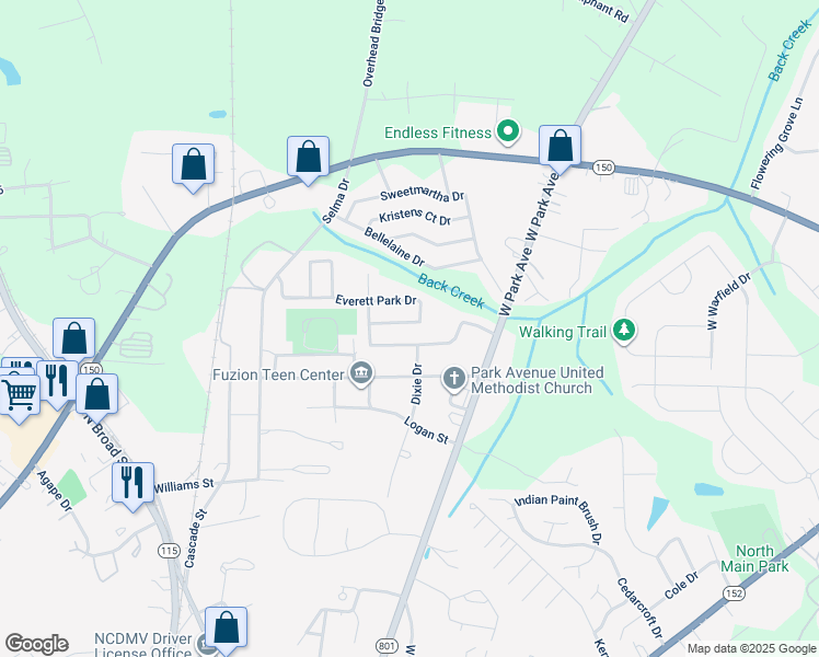 map of restaurants, bars, coffee shops, grocery stores, and more near 217 Everett Park Drive in Mooresville