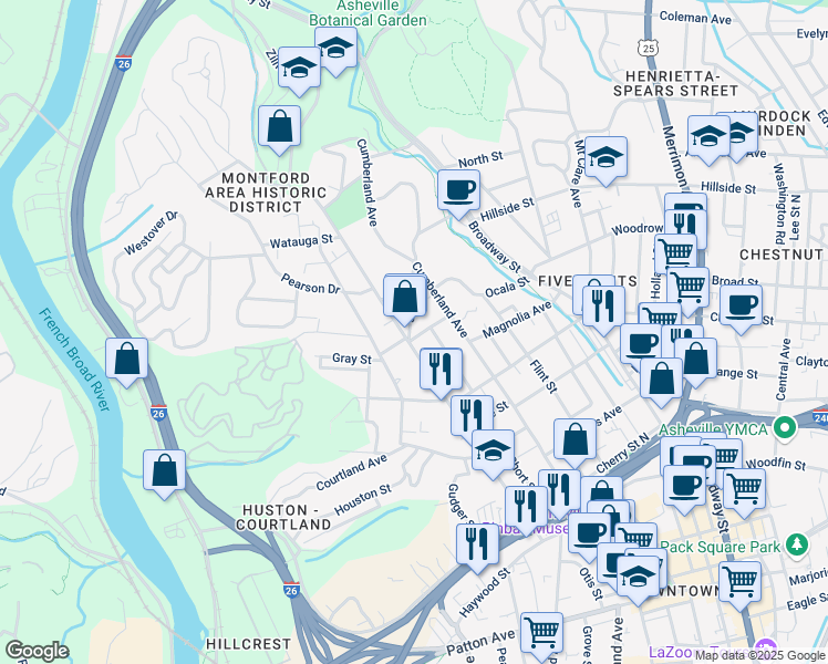 map of restaurants, bars, coffee shops, grocery stores, and more near in Asheville