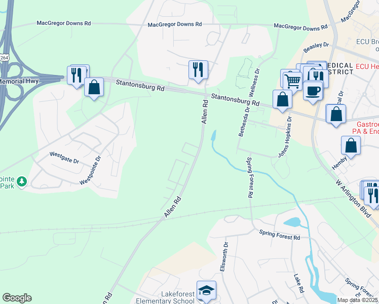 map of restaurants, bars, coffee shops, grocery stores, and more near 1228 Allen Road in Greenville
