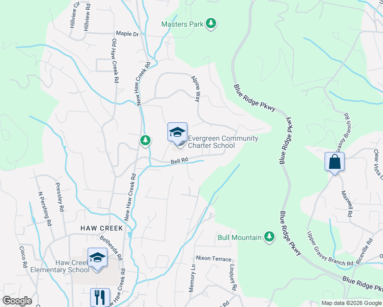 map of restaurants, bars, coffee shops, grocery stores, and more near 99999 Bell Road in Asheville