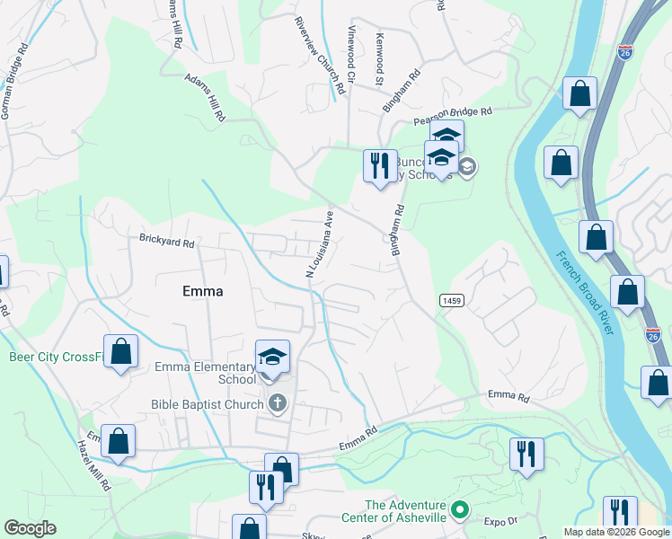 map of restaurants, bars, coffee shops, grocery stores, and more near 671 North Louisiana Avenue in Asheville