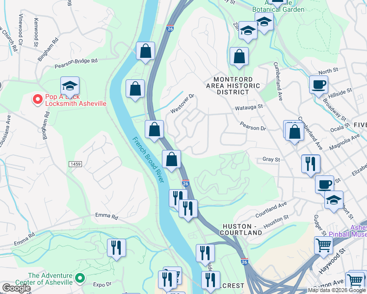 map of restaurants, bars, coffee shops, grocery stores, and more near 115 Westover Drive in Asheville