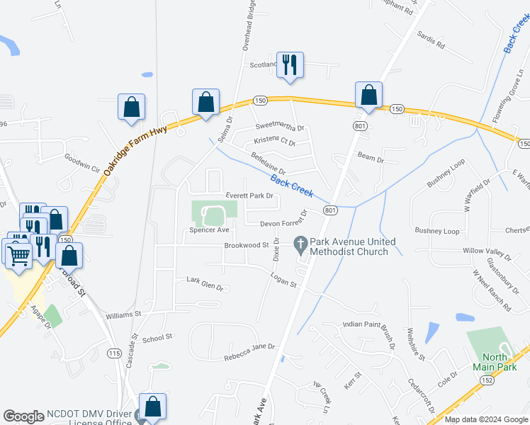 map of restaurants, bars, coffee shops, grocery stores, and more near 221 Everett Park Drive in Mooresville