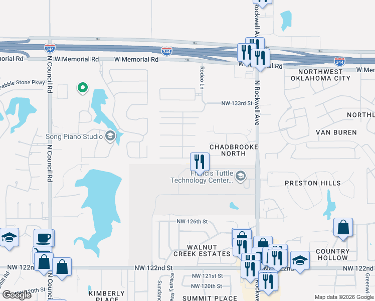map of restaurants, bars, coffee shops, grocery stores, and more near 7425 Northwest 129th Street in Oklahoma City