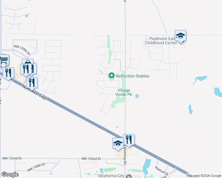 map of restaurants, bars, coffee shops, grocery stores, and more near 11449 Northwest 129th Street in Piedmont