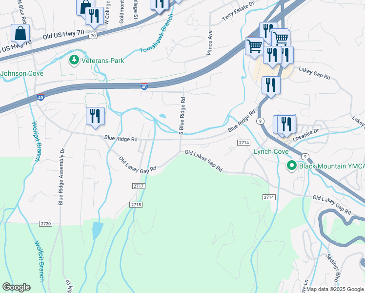 map of restaurants, bars, coffee shops, grocery stores, and more near 501 Sweet Birch Park Lane in Black Mountain