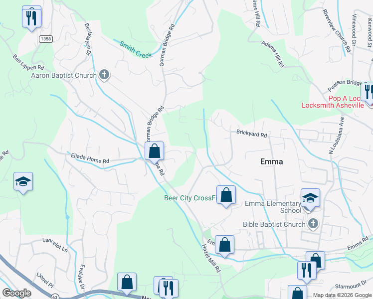 map of restaurants, bars, coffee shops, grocery stores, and more near 18 Sun Ridge Road in Asheville