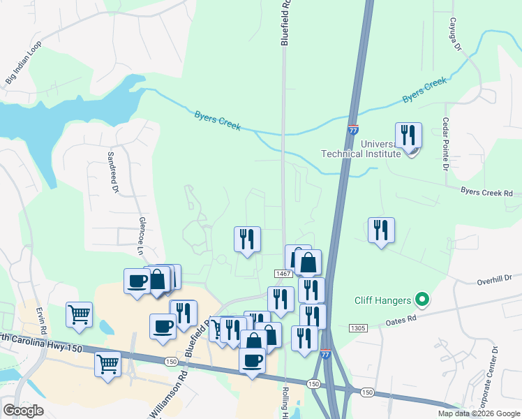map of restaurants, bars, coffee shops, grocery stores, and more near 548 Bluefield Road in Mooresville