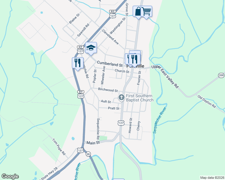 map of restaurants, bars, coffee shops, grocery stores, and more near 177 Birchwood Street in Pikeville