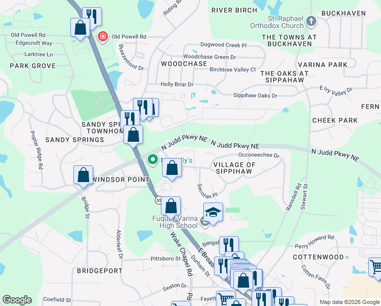 map of restaurants, bars, coffee shops, grocery stores, and more near 1312 Sippihaw Drive in Fuquay-Varina
