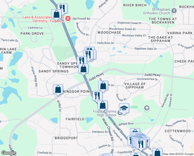 map of restaurants, bars, coffee shops, grocery stores, and more near 200 Powhatan Drive in Fuquay Varina
