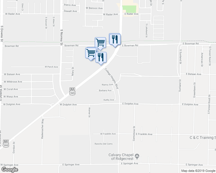 map of restaurants, bars, coffee shops, grocery stores, and more near 109 Nancy Avenue in Ridgecrest