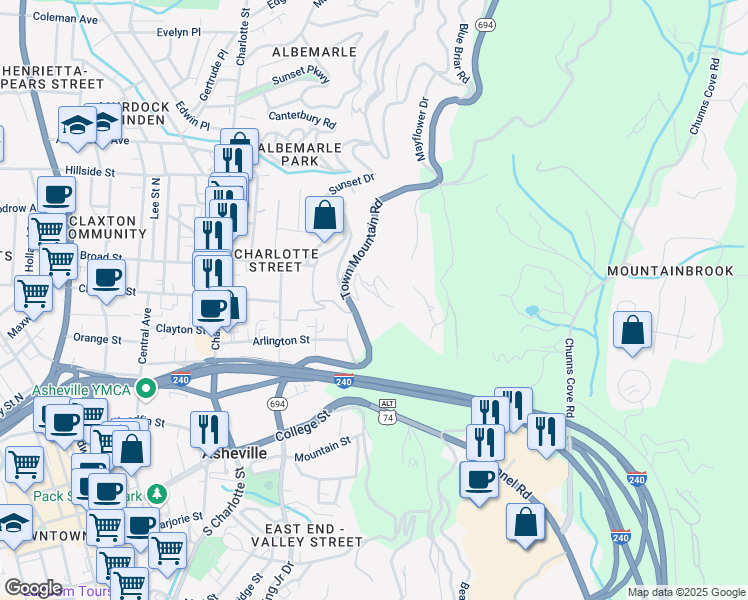 map of restaurants, bars, coffee shops, grocery stores, and more near 13 Cogswood Road in Asheville