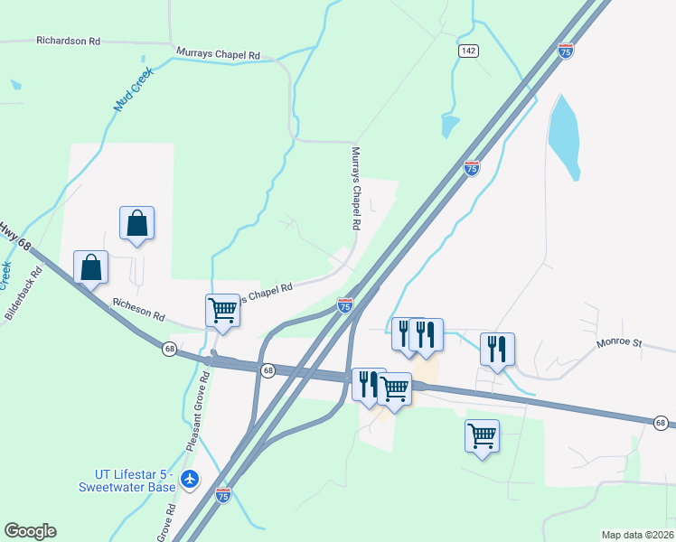 map of restaurants, bars, coffee shops, grocery stores, and more near 1110 Murrays Chapel Road in Sweetwater