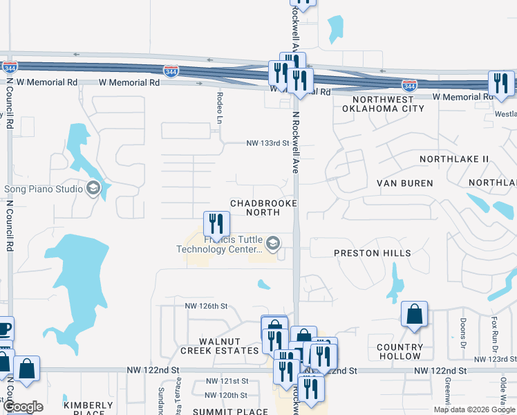 map of restaurants, bars, coffee shops, grocery stores, and more near 13000 Chadbrooke Place in Oklahoma City