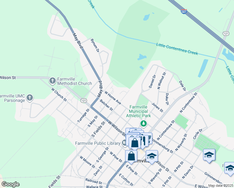 map of restaurants, bars, coffee shops, grocery stores, and more near 4274 Pinehurst Court in Farmville