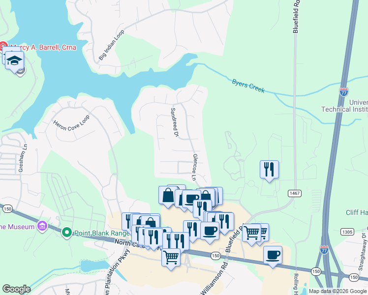 map of restaurants, bars, coffee shops, grocery stores, and more near 129 Comata Road in Mooresville