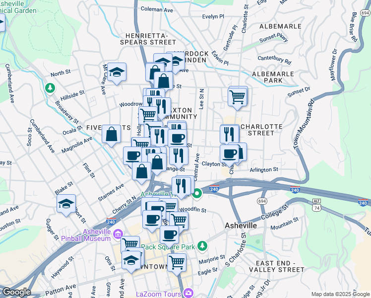 map of restaurants, bars, coffee shops, grocery stores, and more near 51 Merrimon Place in Asheville