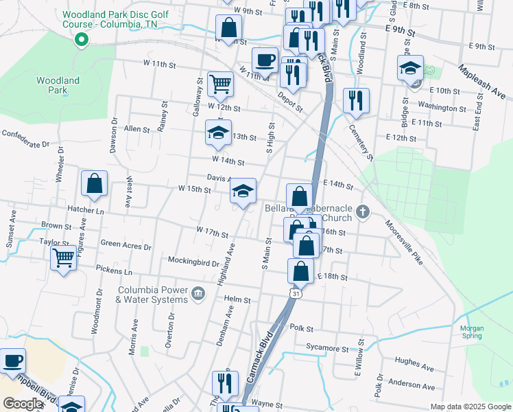 map of restaurants, bars, coffee shops, grocery stores, and more near 1603 Highland Avenue in Columbia