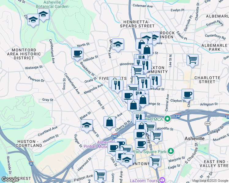 map of restaurants, bars, coffee shops, grocery stores, and more near 251 Broadway Street in Asheville