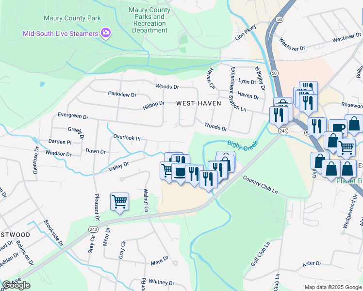 map of restaurants, bars, coffee shops, grocery stores, and more near 119 Overlook Place in Columbia