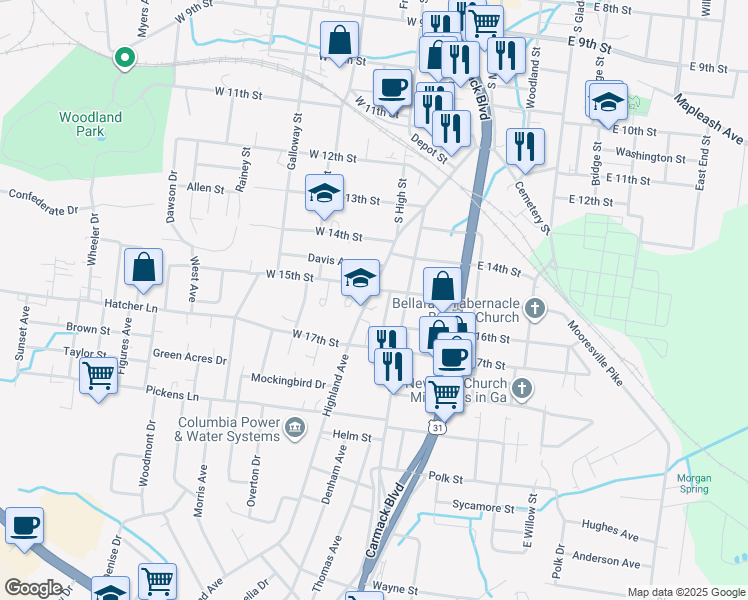 map of restaurants, bars, coffee shops, grocery stores, and more near 1605 South High Street in Columbia