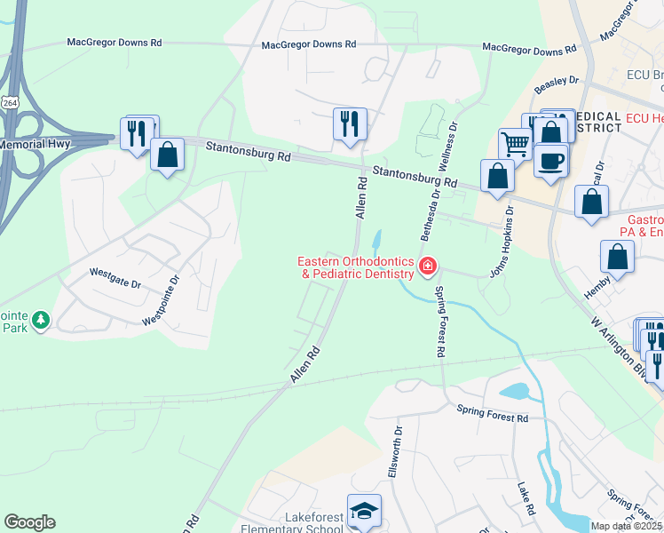 map of restaurants, bars, coffee shops, grocery stores, and more near 1222 Allen Road in Greenville