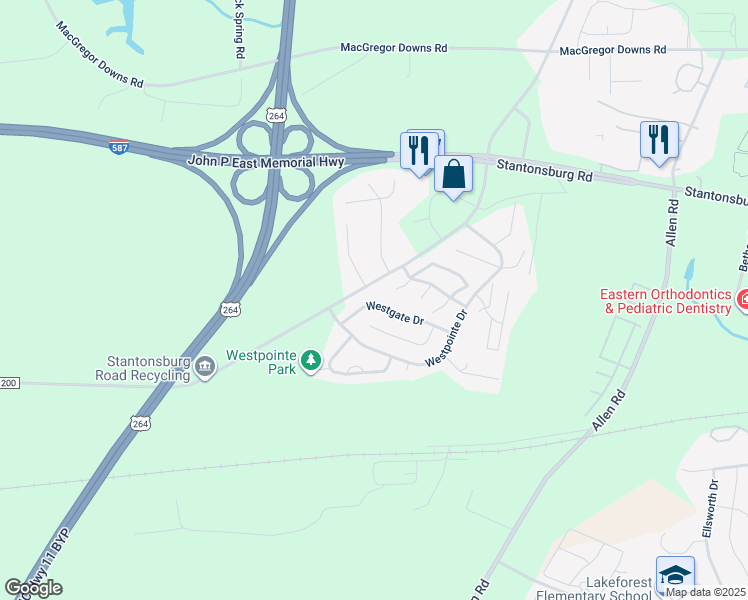 map of restaurants, bars, coffee shops, grocery stores, and more near 3440 Westgate Drive in Greenville
