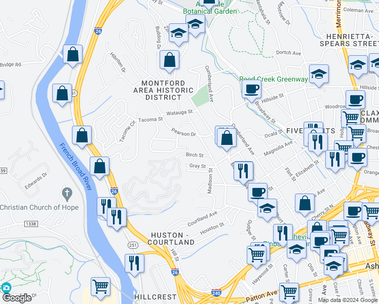 map of restaurants, bars, coffee shops, grocery stores, and more near 43 Birch Street in Asheville