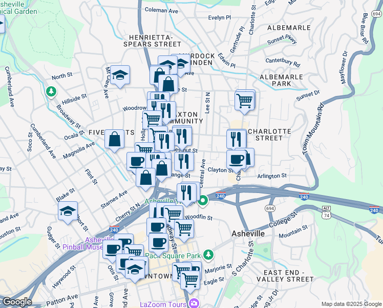 map of restaurants, bars, coffee shops, grocery stores, and more near 51 Merrimon Place in Asheville