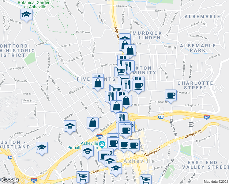 map of restaurants, bars, coffee shops, grocery stores, and more near 25 Monroe Place in Asheville