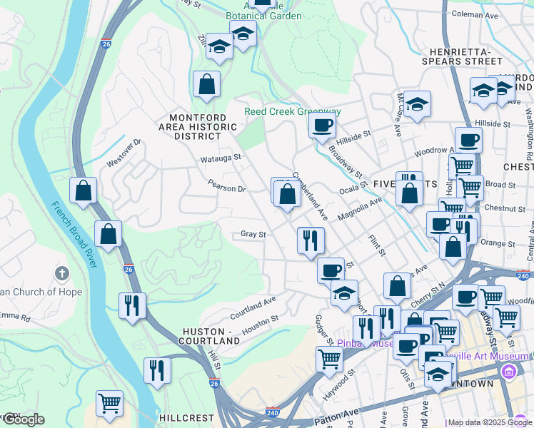 map of restaurants, bars, coffee shops, grocery stores, and more near 104 Pearson Drive in Asheville