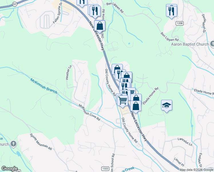 map of restaurants, bars, coffee shops, grocery stores, and more near 328 Old County Home Road in Asheville