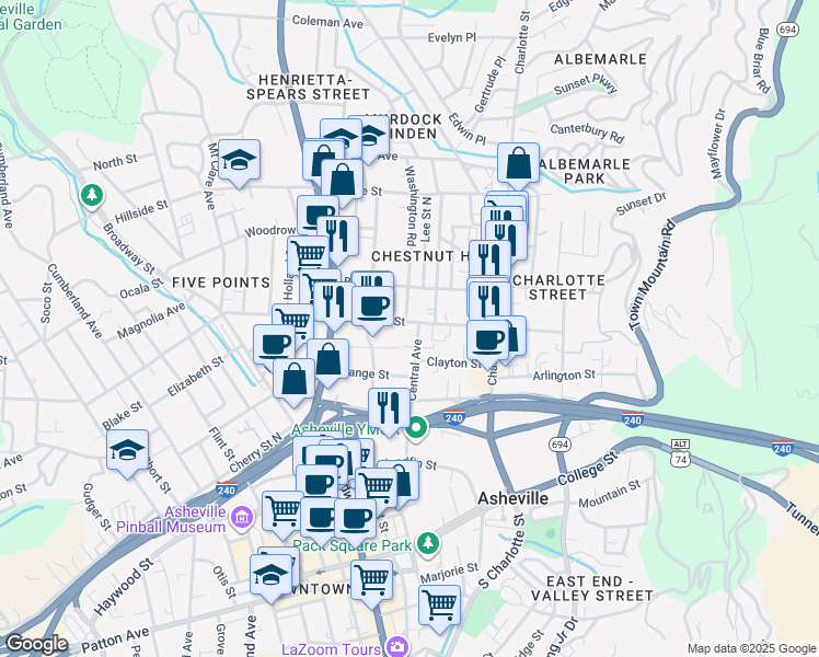 map of restaurants, bars, coffee shops, grocery stores, and more near 109 Central Avenue in Asheville