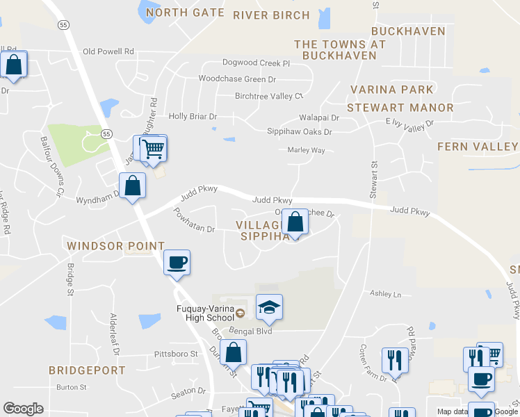 map of restaurants, bars, coffee shops, grocery stores, and more near 613 Occoneechee Drive in Fuquay Varina