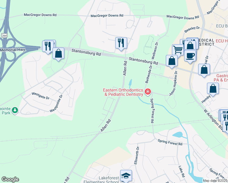 map of restaurants, bars, coffee shops, grocery stores, and more near 1222 Allen Road in Greenville