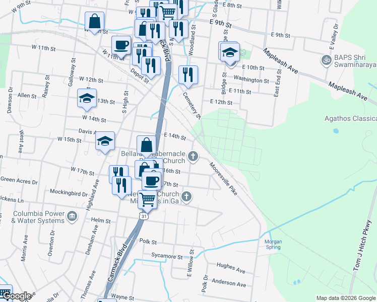 map of restaurants, bars, coffee shops, grocery stores, and more near 1512 Whatley Street in Columbia