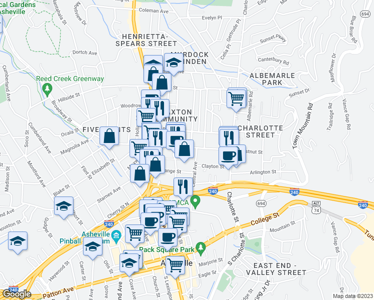 map of restaurants, bars, coffee shops, grocery stores, and more near 165 East Chestnut Street in Asheville