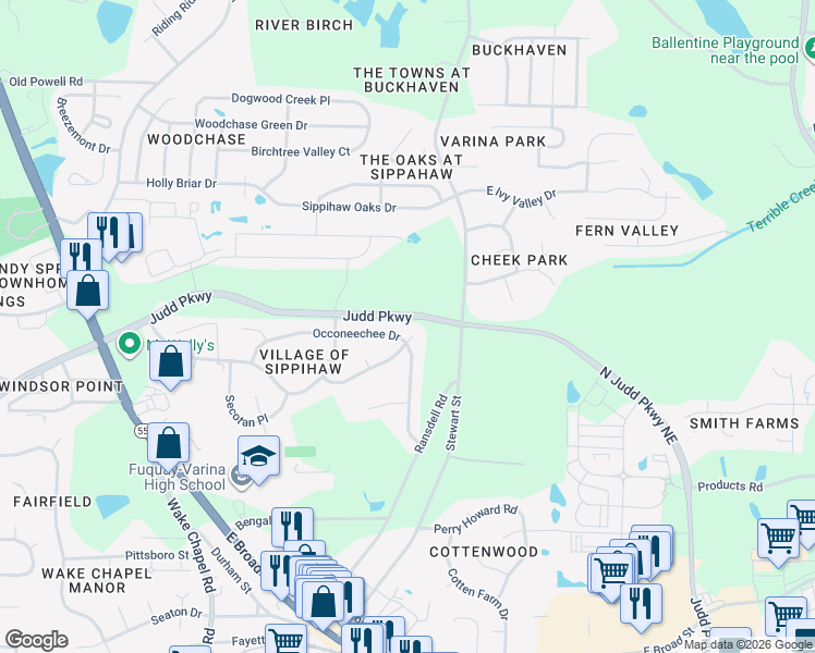 map of restaurants, bars, coffee shops, grocery stores, and more near 907 Noconia Place in Fuquay Varina