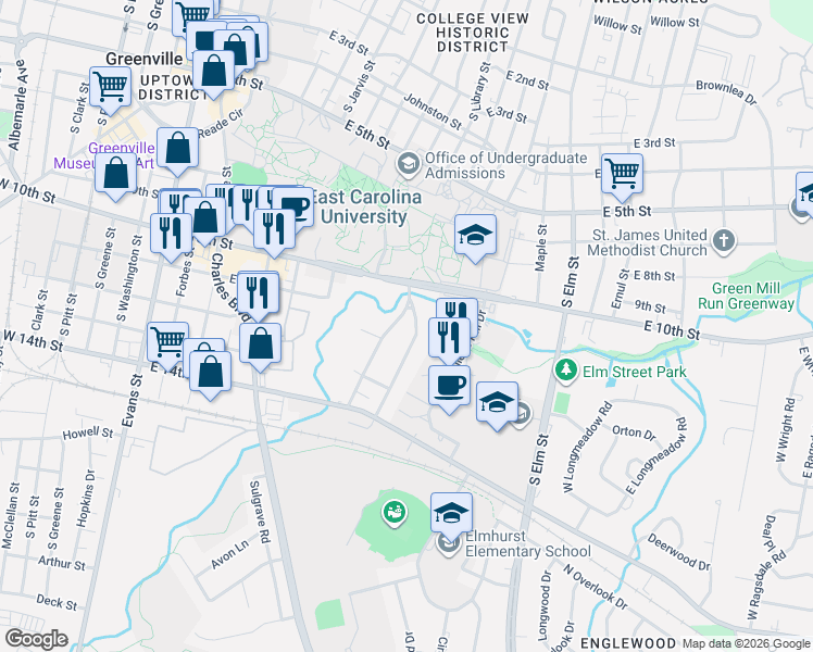 map of restaurants, bars, coffee shops, grocery stores, and more near 1020 W Rock Spring Rd in Greenville