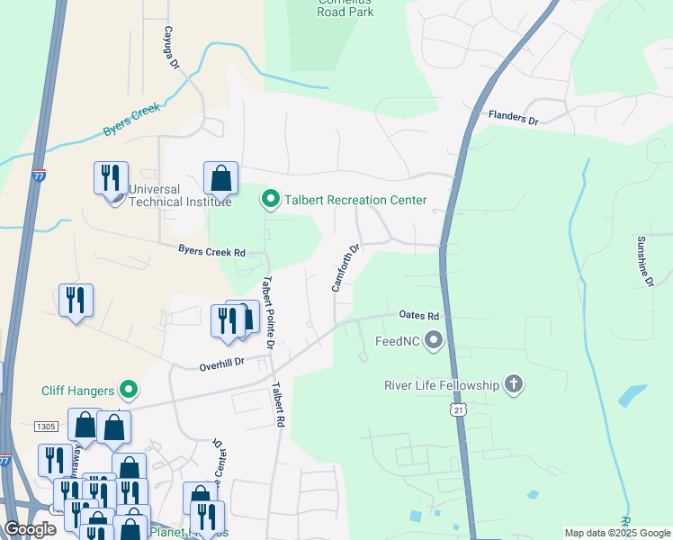 map of restaurants, bars, coffee shops, grocery stores, and more near 128 Camforth Drive in Mooresville