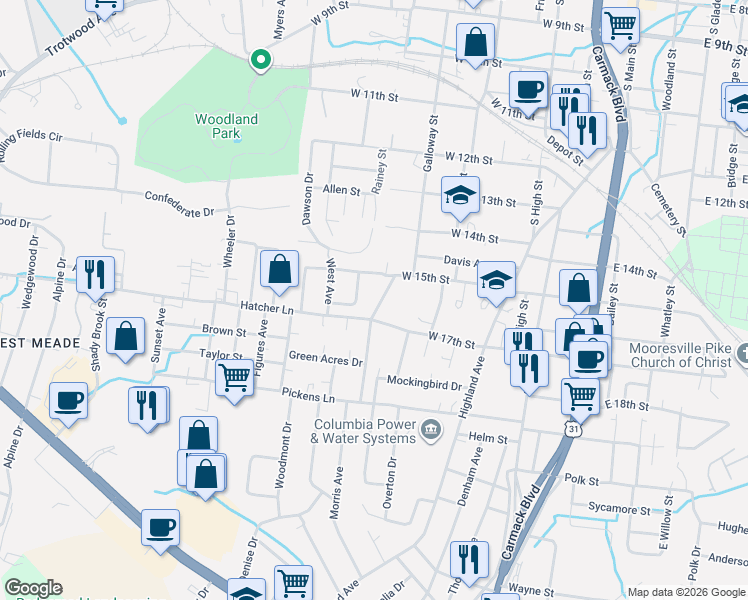 map of restaurants, bars, coffee shops, grocery stores, and more near 437 Hickman Street in Columbia