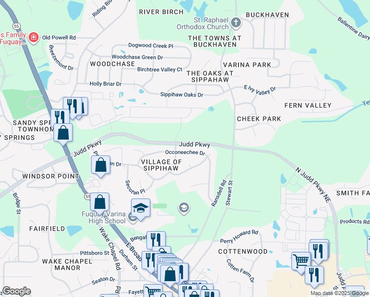 map of restaurants, bars, coffee shops, grocery stores, and more near 713 Occoneechee Drive in Fuquay Varina