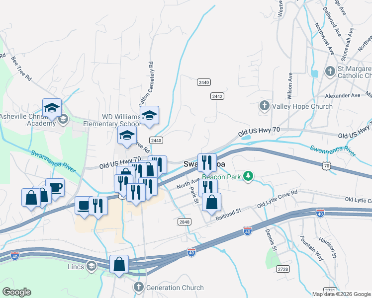 map of restaurants, bars, coffee shops, grocery stores, and more near 326 Old US 70 Highway in Swannanoa