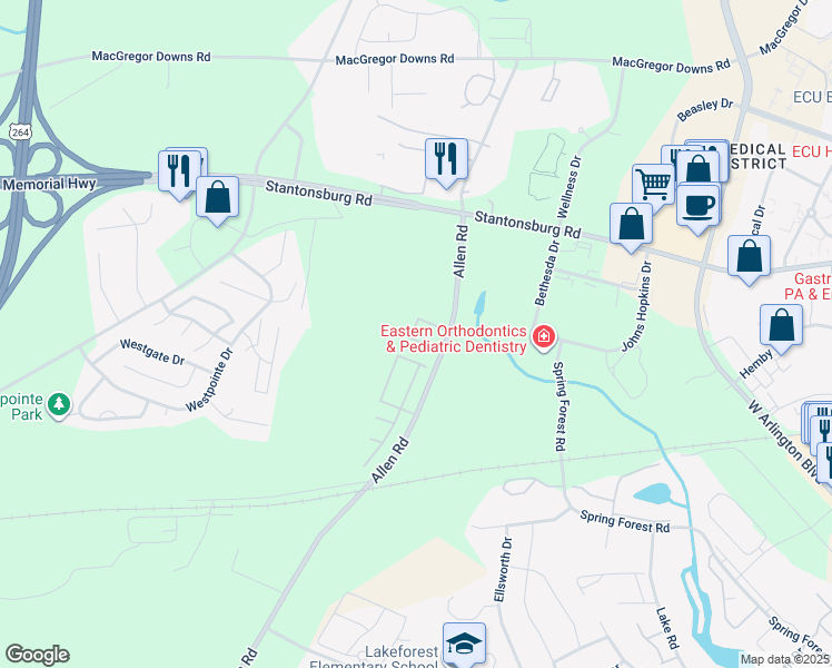 map of restaurants, bars, coffee shops, grocery stores, and more near 1222 Allen Road in Greenville