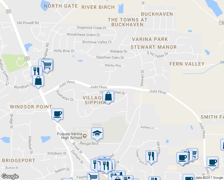 map of restaurants, bars, coffee shops, grocery stores, and more near 713 Occoneechee Drive in Fuquay Varina